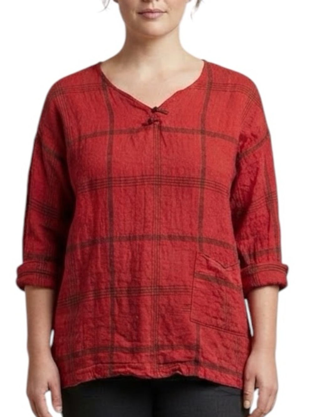 D.CLOSET Crimson Red Crinkle Plaid Patch-Pocket Blouse